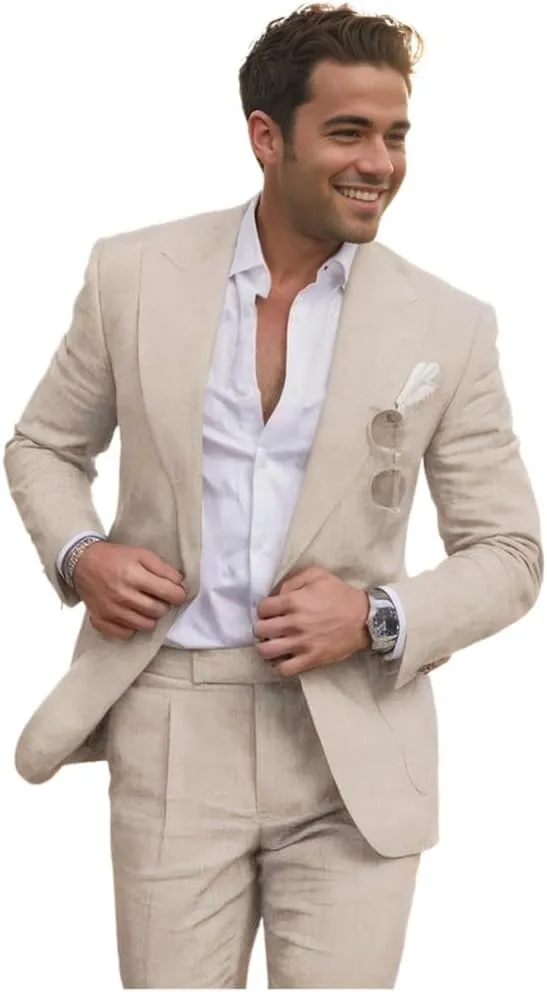 Summer Linen Wedding Mens Suits Mens Tuxedo Blazer Pants Beach Wedding Grooms