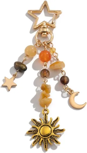 Sun Moon Star Keychain Y2k Aesthetic Boho Hippie Keychain Crystal Beads Bag Purse Charms for Handbags