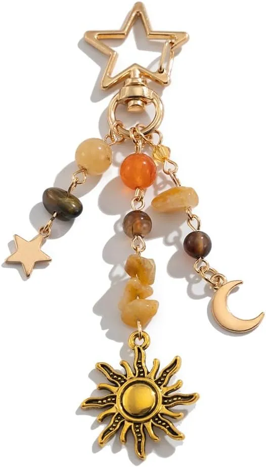 Sun Moon Star Keychain Y2k Aesthetic Boho Hippie Keychain Crystal Beads Bag Purse Charms for Handbags