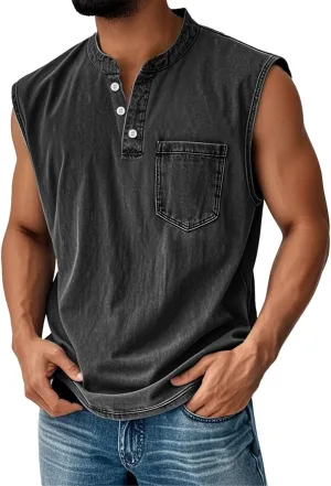 Tank Tops Men Henley Shirts for Men Sleeveless Muscle Gym Workout Running Beach Summer Vintage Button Down Tank Tops