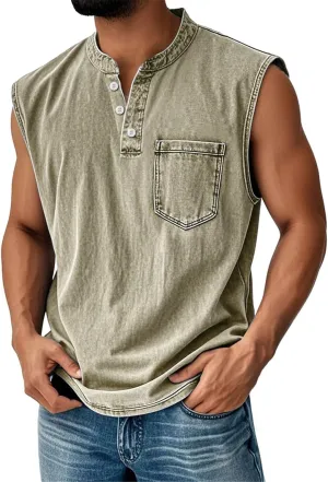 Tank Tops Men Henley Shirts for Men Sleeveless Muscle Gym Workout Running Beach Summer Vintage Button Down Tank Tops