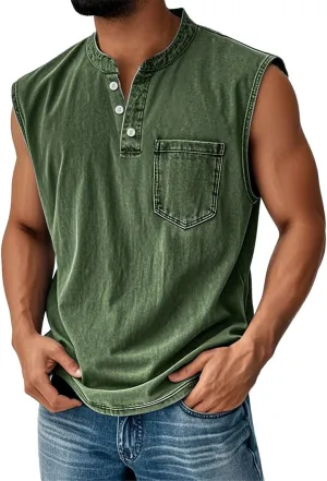 Tank Tops Men Henley Shirts for Men Sleeveless Muscle Gym Workout Running Beach Summer Vintage Button Down Tank Tops
