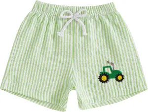 Toddler Boy Girl Seersucker Shorts Golf Cart/Tractor/Football/Baseball Embroidery Boxer Shorts Striped Linen Bottoms