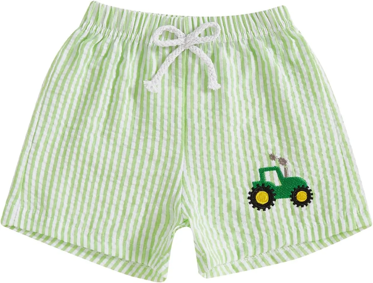 Toddler Boy Girl Seersucker Shorts Golf Cart/Tractor/Football/Baseball Embroidery Boxer Shorts Striped Linen Bottoms