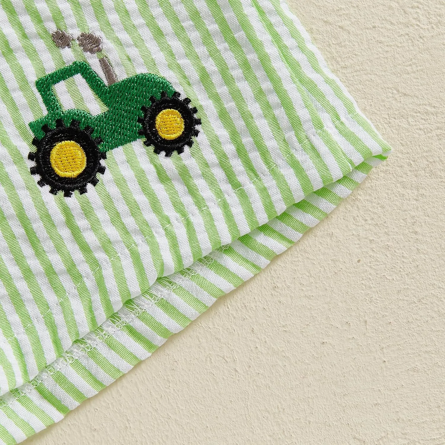 Toddler Boy Girl Seersucker Shorts Golf Cart/Tractor/Football/Baseball Embroidery Boxer Shorts Striped Linen Bottoms
