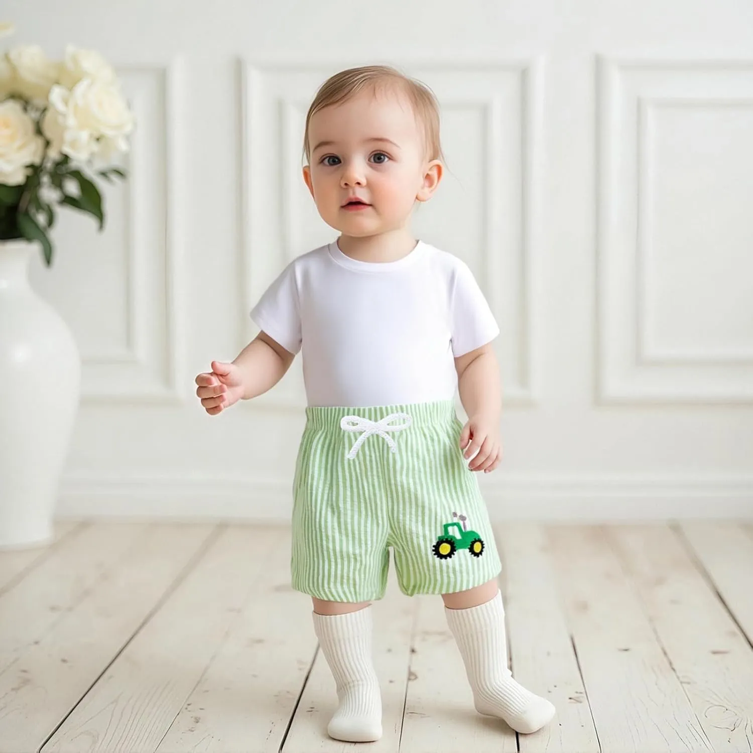 Toddler Boy Girl Seersucker Shorts Golf Cart/Tractor/Football/Baseball Embroidery Boxer Shorts Striped Linen Bottoms