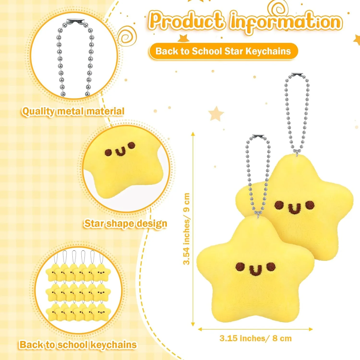 Tondiamo Star Keychain Bulk Cute Smile Face Plush Keychains Positive Toys Emotion Support Gifts for Students(50 Sets)