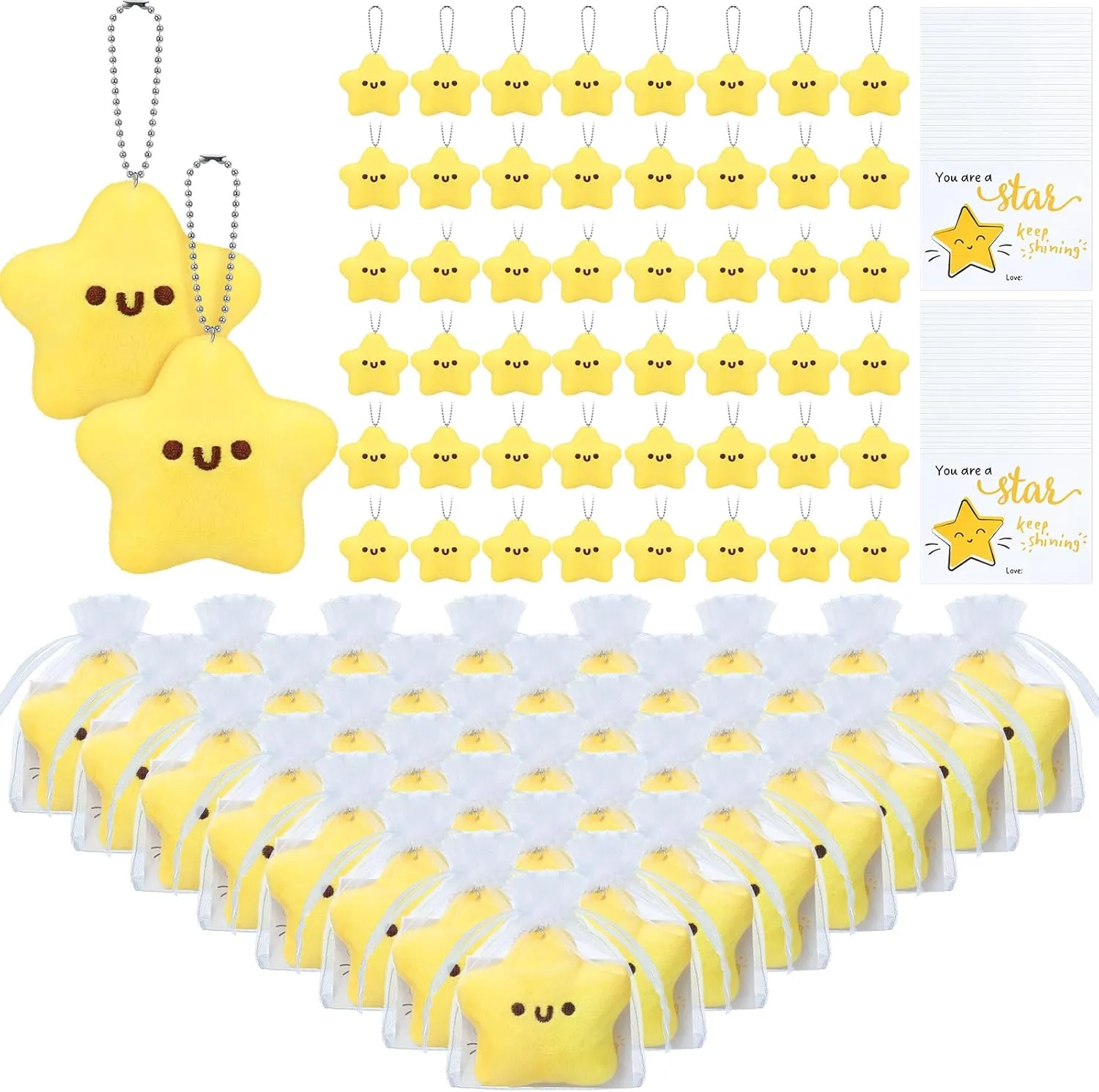 Tondiamo Star Keychain Bulk Cute Smile Face Plush Keychains Positive Toys Emotion Support Gifts for Students(50 Sets)
