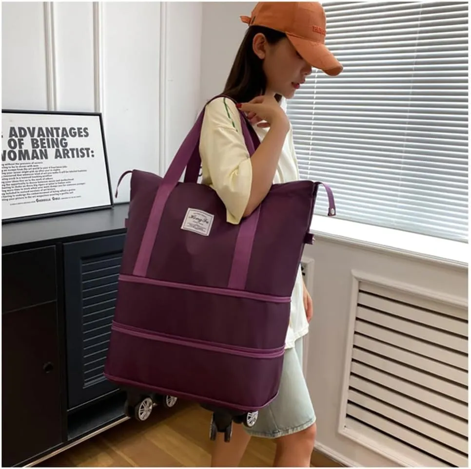 Travel Tote Bag with Trolley Sleeve Expandable Extra Duffel Bag with Wheels Lightweight Traveling Foldable Suitcase