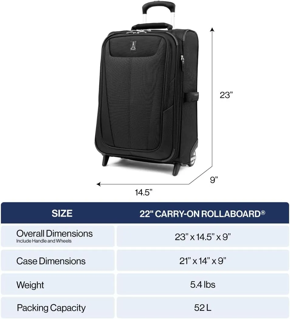 Travelpro Maxlite 5 Softside Expandable Upright 2 Wheel Carry on Luggage, Lightweight Suitcase, Men and Women, Black, Carry On 22-Inch