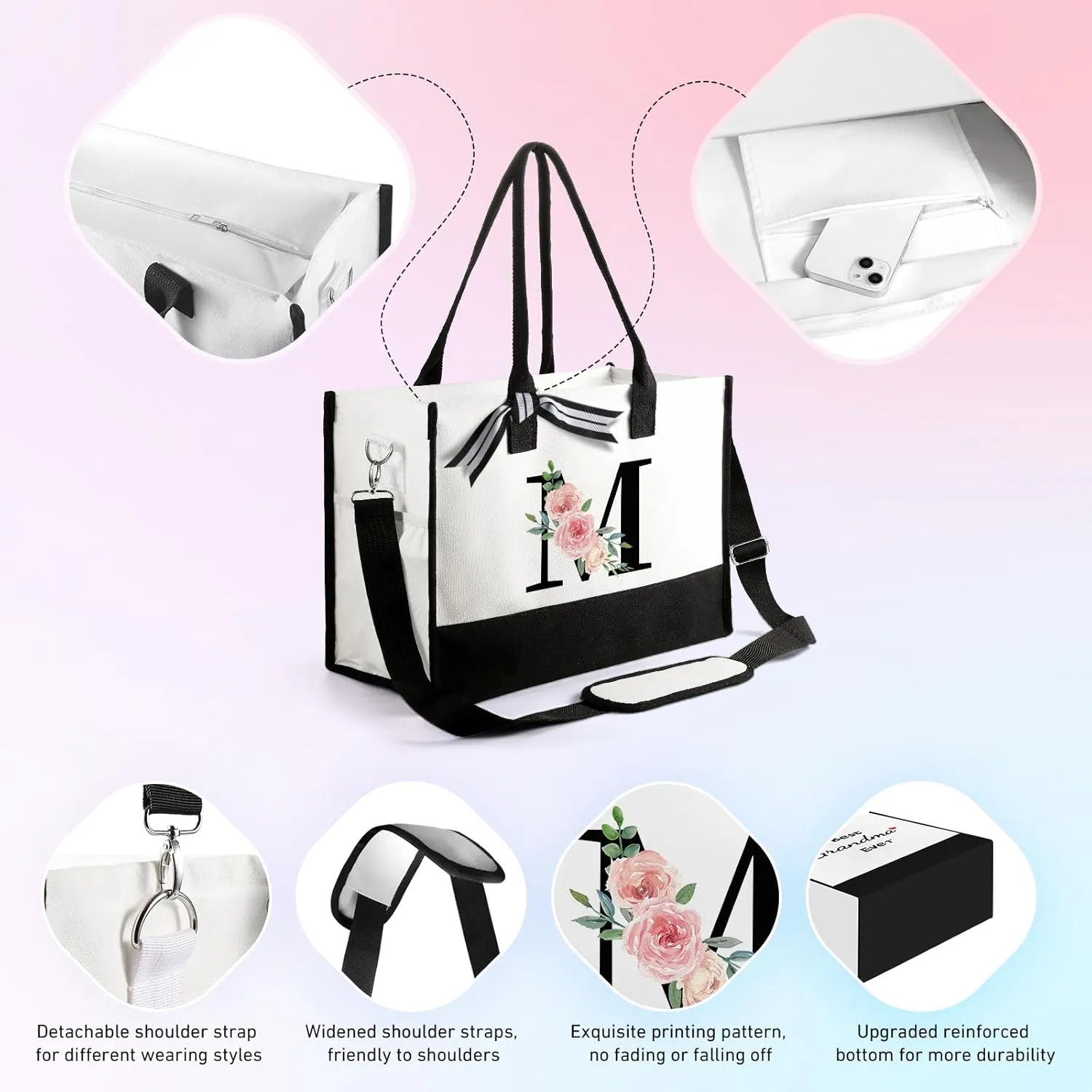 TRSODD Birthday Gifts for Women, Personalized Mothers Day Gifts, Floral Tote Bag for Women w Makeup Bag, Bridesmaid Gifts, Beach Bag w Inner Pocket Side Pocket Shoulder Strap Card Gift Box S, Black-s