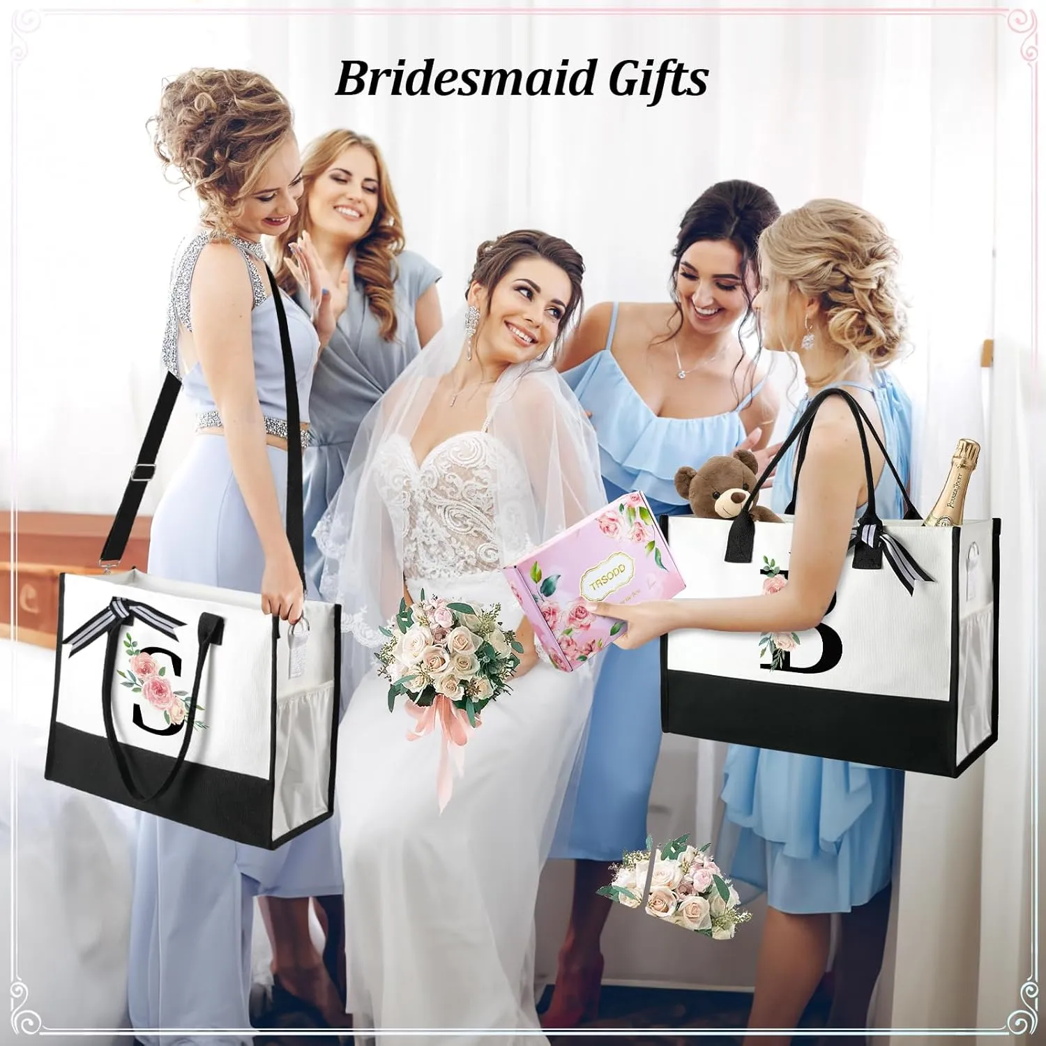 TRSODD Birthday Gifts for Women, Personalized Mothers Day Gifts, Floral Tote Bag for Women w Makeup Bag, Bridesmaid Gifts, Beach Bag w Inner Pocket Side Pocket Shoulder Strap Card Gift Box S, Black-s