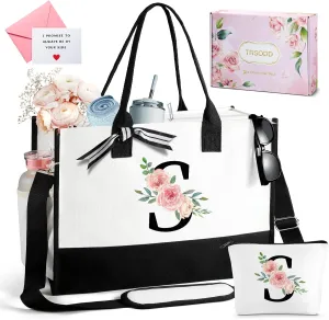 TRSODD Birthday Gifts for Women, Personalized Mothers Day Gifts, Floral Tote Bag for Women w Makeup Bag, Bridesmaid Gifts, Beach Bag w Inner Pocket Side Pocket Shoulder Strap Card Gift Box S, Black-s