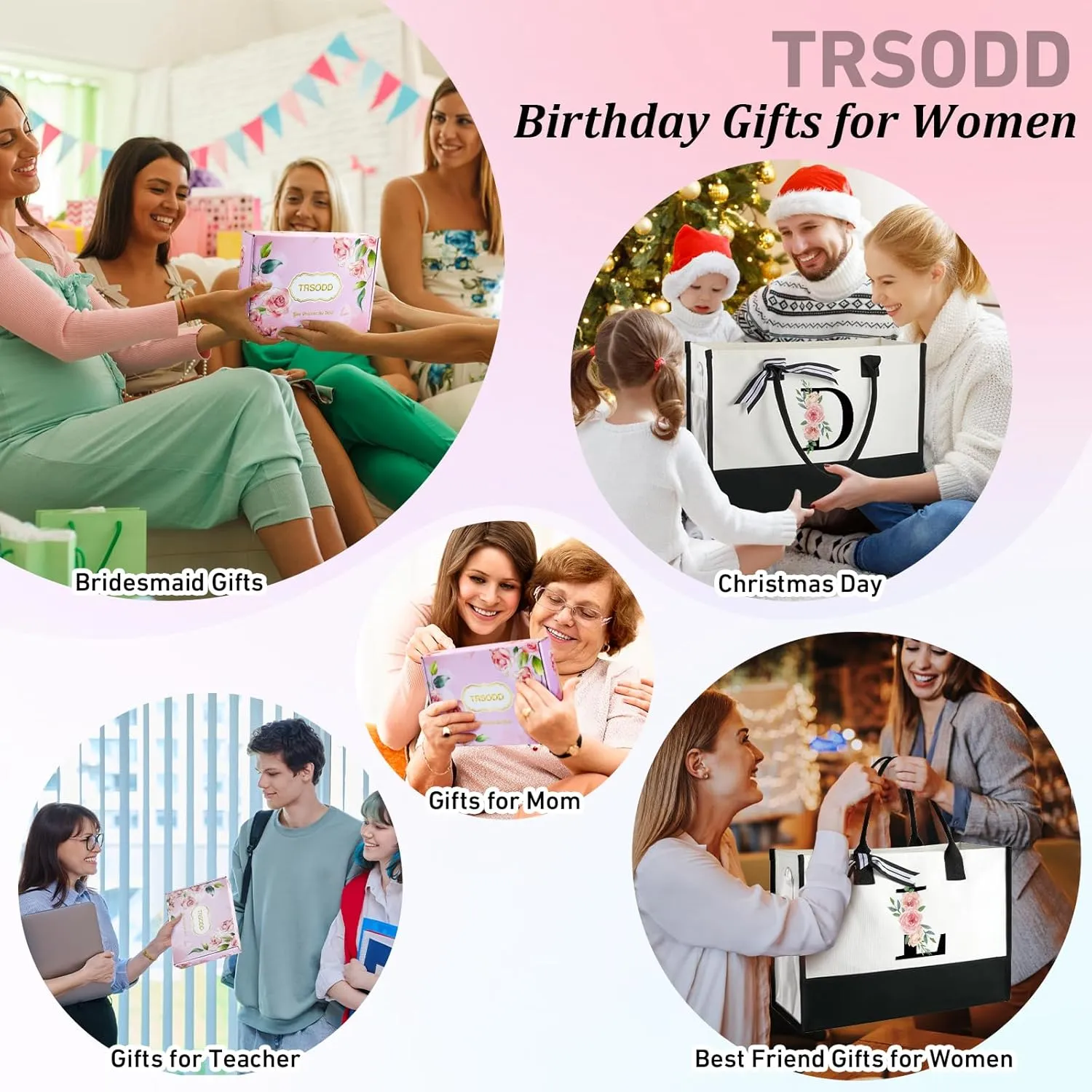 TRSODD Birthday Gifts for Women, Personalized Mothers Day Gifts, Floral Tote Bag for Women w Makeup Bag, Bridesmaid Gifts, Beach Bag w Inner Pocket Side Pocket Shoulder Strap Card Gift Box S, Black-s
