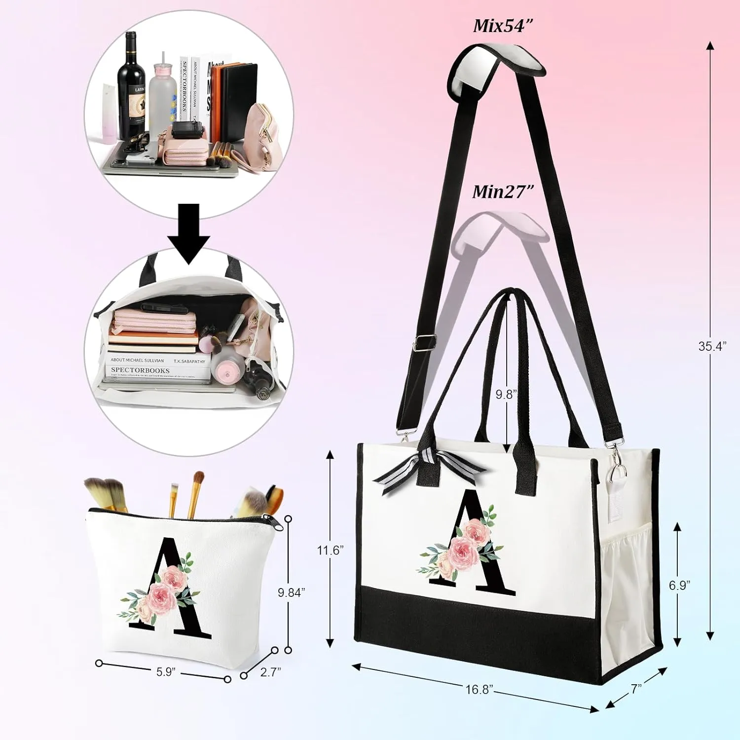 TRSODD Birthday Gifts for Women, Personalized Mothers Day Gifts, Floral Tote Bag for Women w Makeup Bag, Bridesmaid Gifts, Beach Bag w Inner Pocket Side Pocket Shoulder Strap Card Gift Box S, Black-s