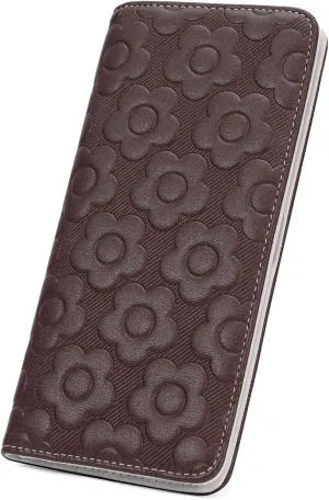 Ultra Slim Thin Wallet Women 3D Embossed Flower Leather Womens Wallet RFID Blocking Credit Card Holder Bifold Clutch Long Ladies Billfold Wallet for Women Coffee