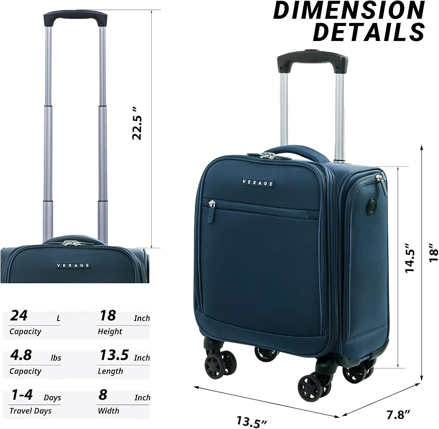 Verage Underseat Carry On Luggage with Wheels, 14.5-Inch Spinner Small Suitcase, Softside Lightweight Travel Bag for Men and Women, Airplane Carry On Bag, Nautical Blue