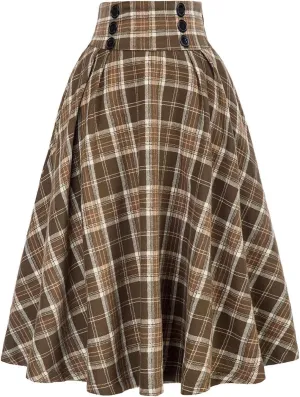Vintage Plaid Skirt for Women High Waisted Midi A-line Skirts Pleated Skirt with Pockets Tartan Maxi Skirts