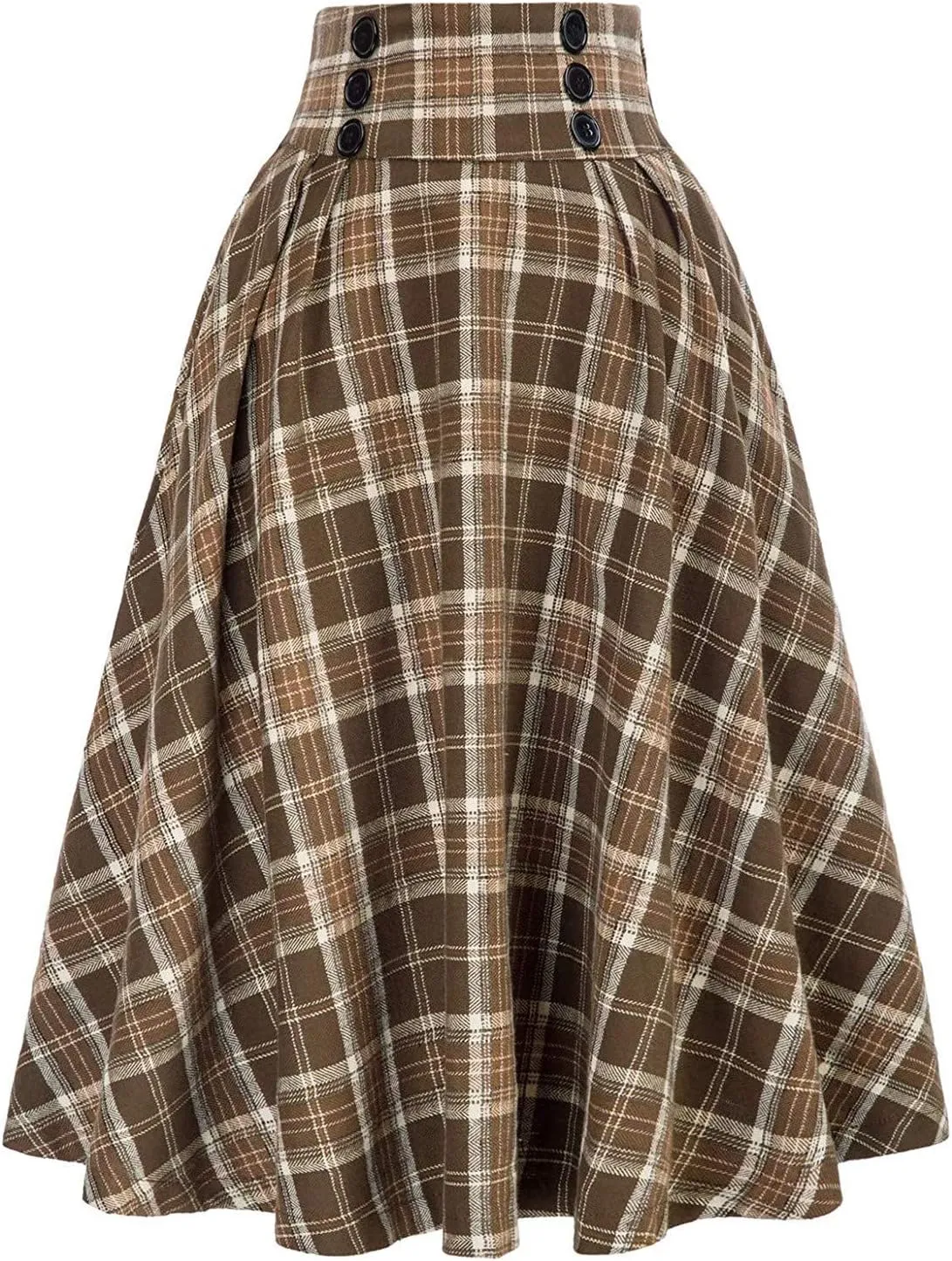 Vintage Plaid Skirt for Women High Waisted Midi A-line Skirts Pleated Skirt with Pockets Tartan Maxi Skirts