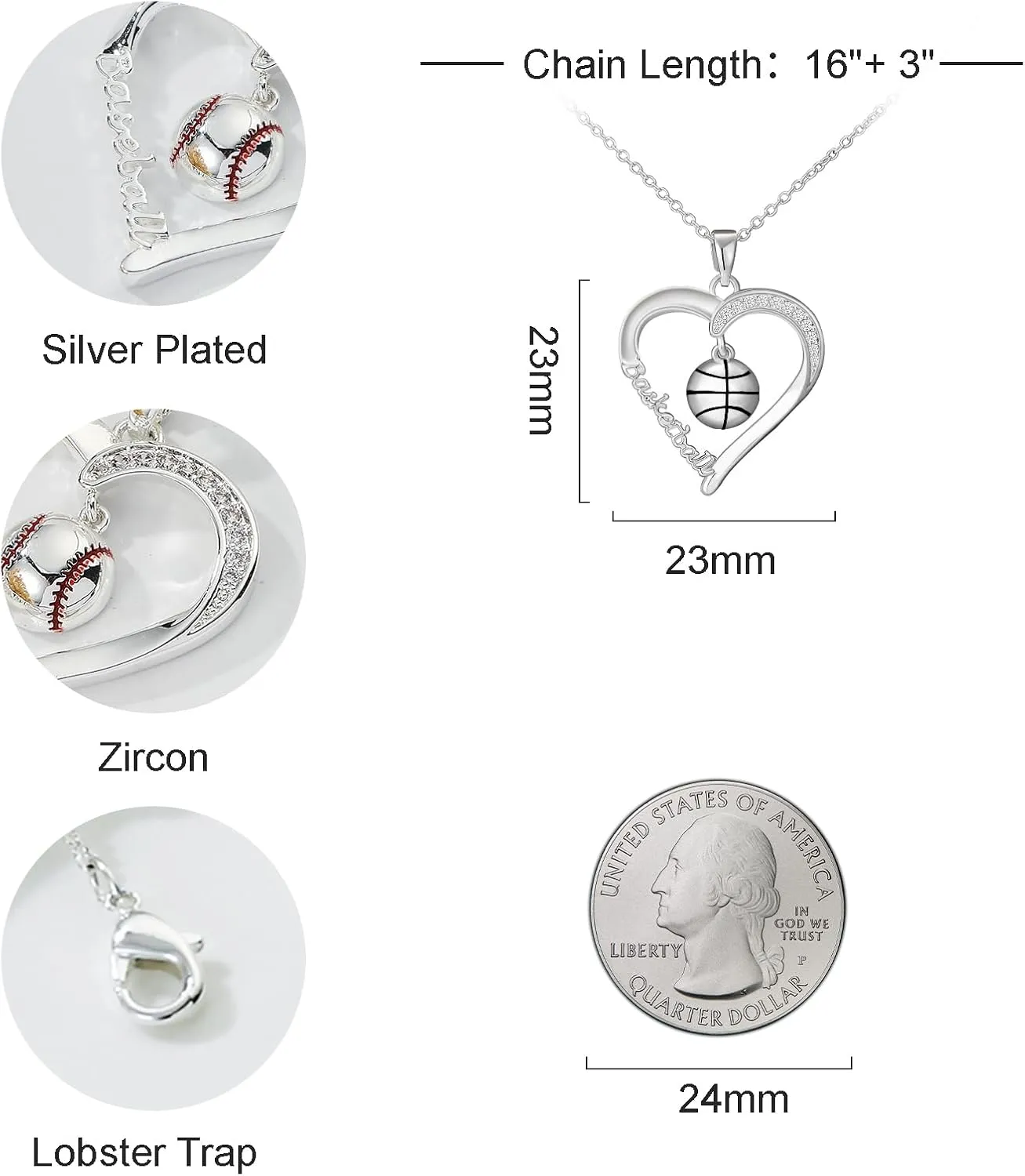 Volleyball/Softball/Basketball/Baseball Necklace Gifts for Girls, Sport Accessories Birthday Christmas Jewelry for Her 16 3 Inches