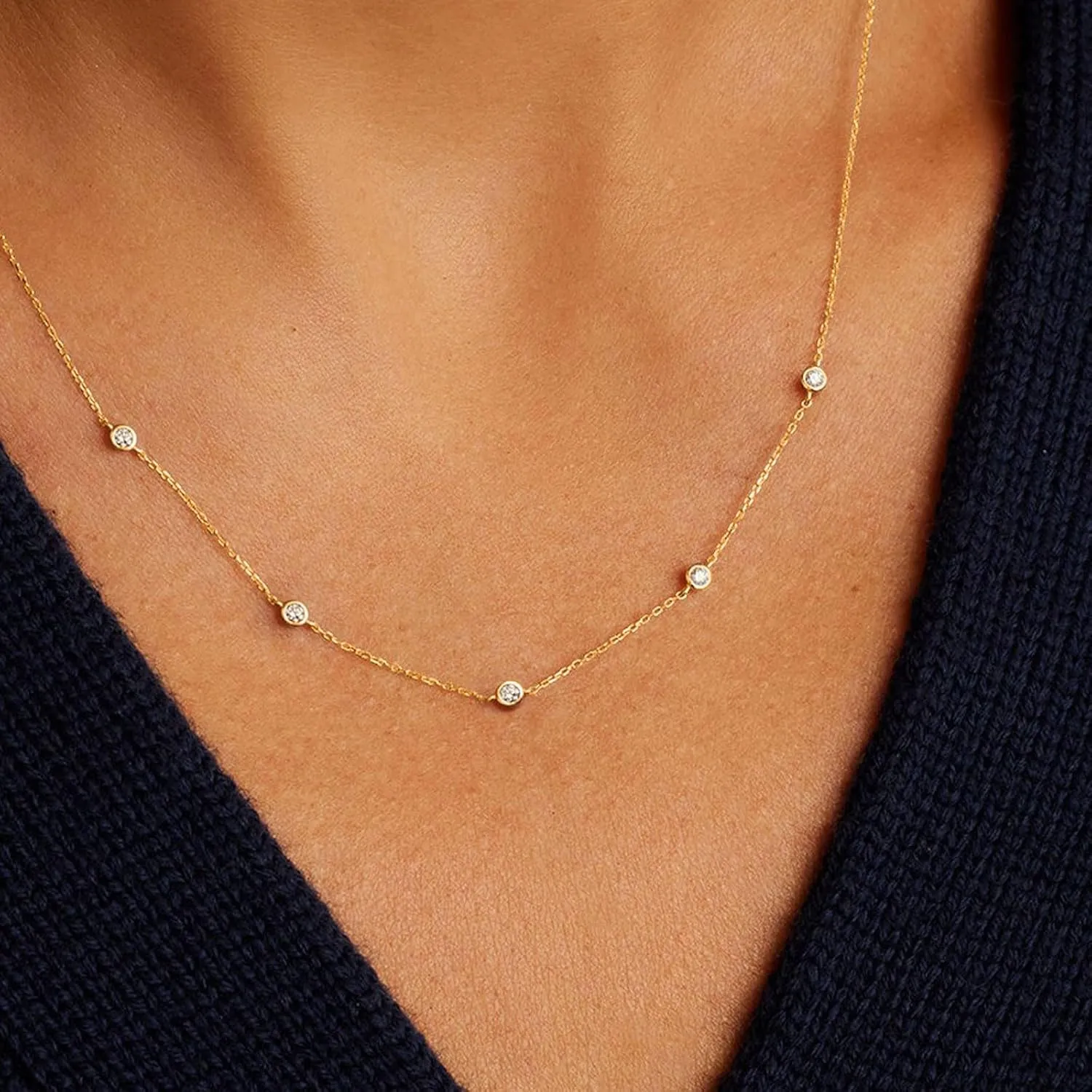 VRIUA Diamond Necklaces for Women - 14K Gold/Silver Gold Plated Dainty Necklace for Women Simple Five Diamond Flower Clover Butterfly Heart Star Necklace Trendy Gold Jewelry