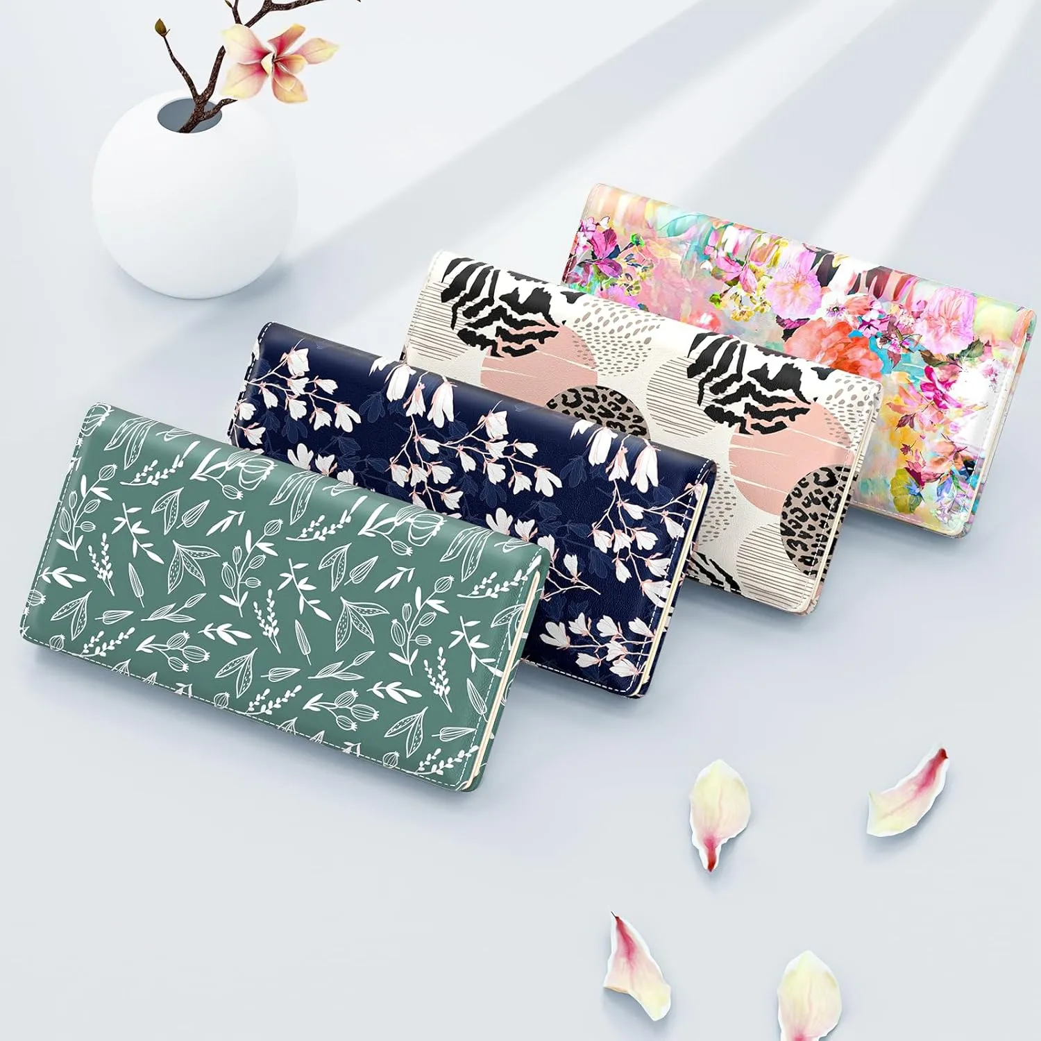 Wallet Women, Cute Flower Theme RFID Blocking Credit Card Holder for Women, Slim Leather Bifold Ladies Purse, Clutch Billfold Card Holder Wallets with 11 Card Slots & ID Window, Blue White