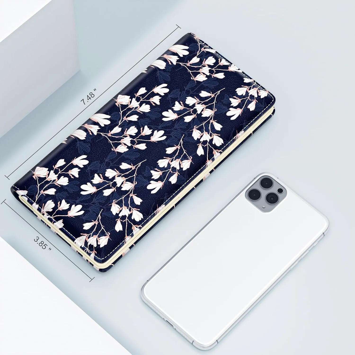 Wallet Women, Cute Flower Theme RFID Blocking Credit Card Holder for Women, Slim Leather Bifold Ladies Purse, Clutch Billfold Card Holder Wallets with 11 Card Slots & ID Window, Blue White