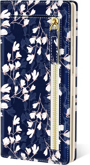 Wallet Women, Cute Flower Theme RFID Blocking Credit Card Holder for Women, Slim Leather Bifold Ladies Purse, Clutch Billfold Card Holder Wallets with 11 Card Slots & ID Window, Blue White