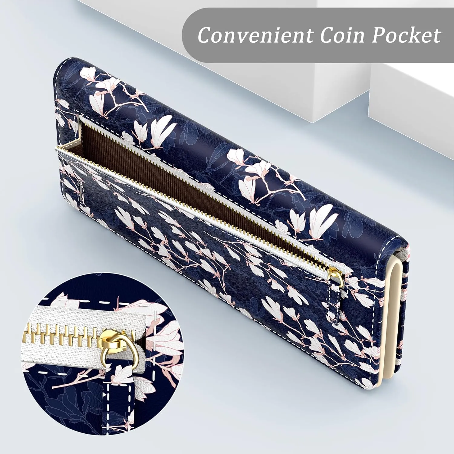 Wallet Women, Cute Flower Theme RFID Blocking Credit Card Holder for Women, Slim Leather Bifold Ladies Purse, Clutch Billfold Card Holder Wallets with 11 Card Slots & ID Window, Blue White