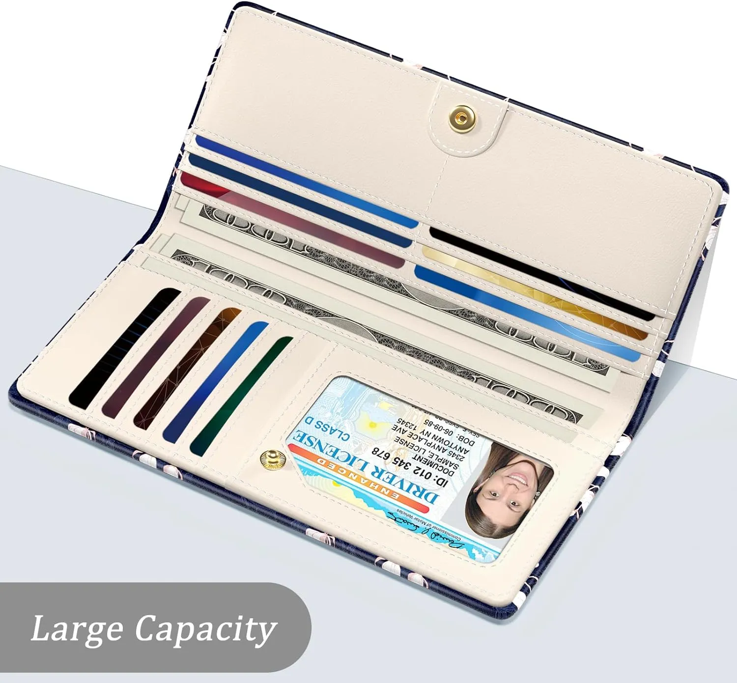 Wallet Women, Cute Flower Theme RFID Blocking Credit Card Holder for Women, Slim Leather Bifold Ladies Purse, Clutch Billfold Card Holder Wallets with 11 Card Slots & ID Window, Blue White