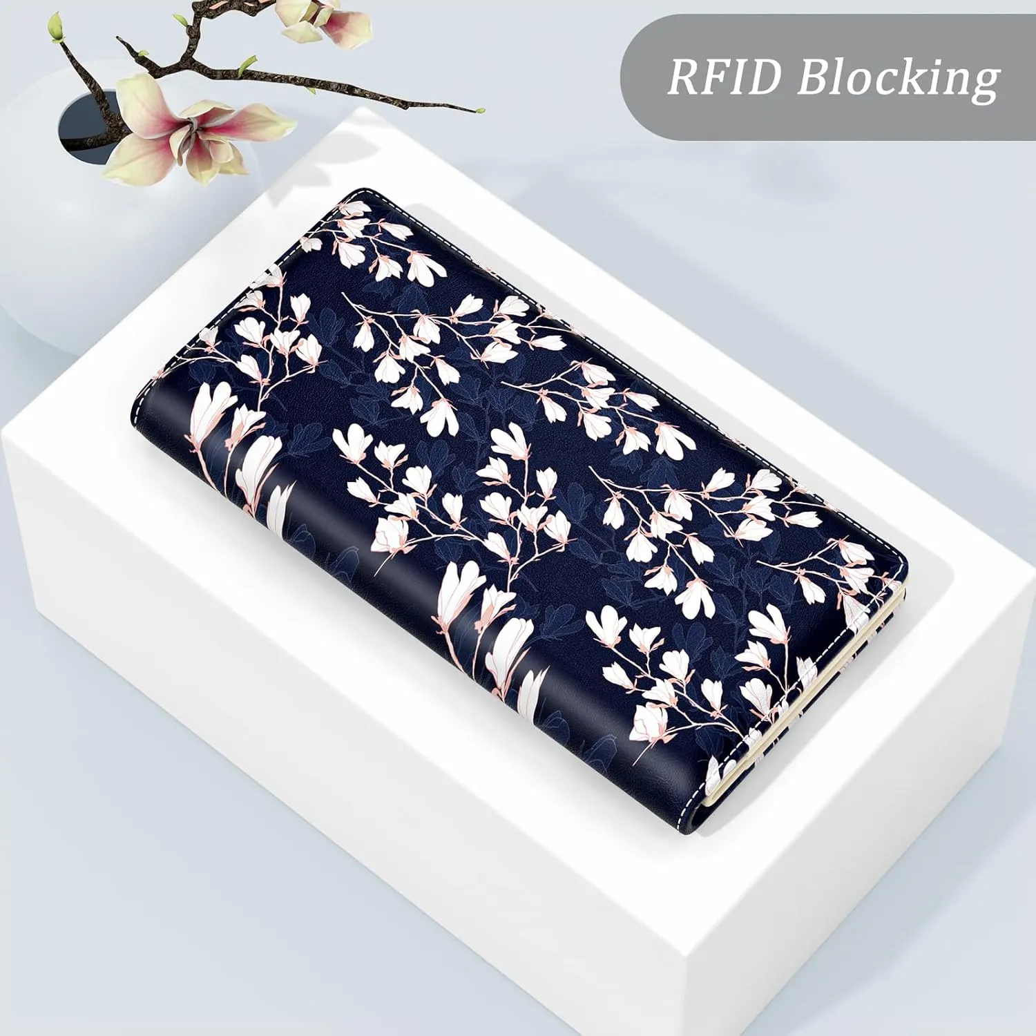 Wallet Women, Cute Flower Theme RFID Blocking Credit Card Holder for Women, Slim Leather Bifold Ladies Purse, Clutch Billfold Card Holder Wallets with 11 Card Slots & ID Window, Blue White