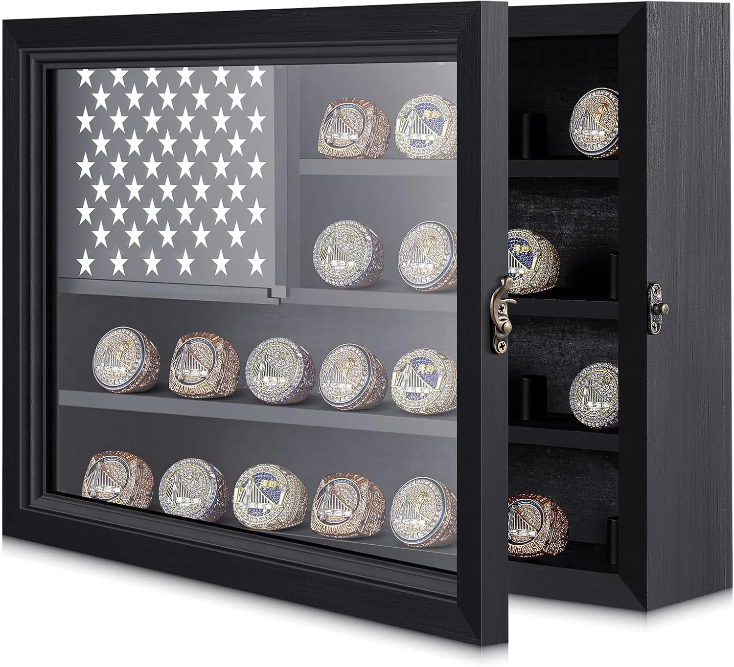 Weysat Championship Ring Display Case 22 Ring Posts Baseball Ring Holder Wall Mounted Wooden Sports Ring Box with Locks for Softball Basketball Football Award Rings Fan Souvenirs 10.7 x 15 x 2.6