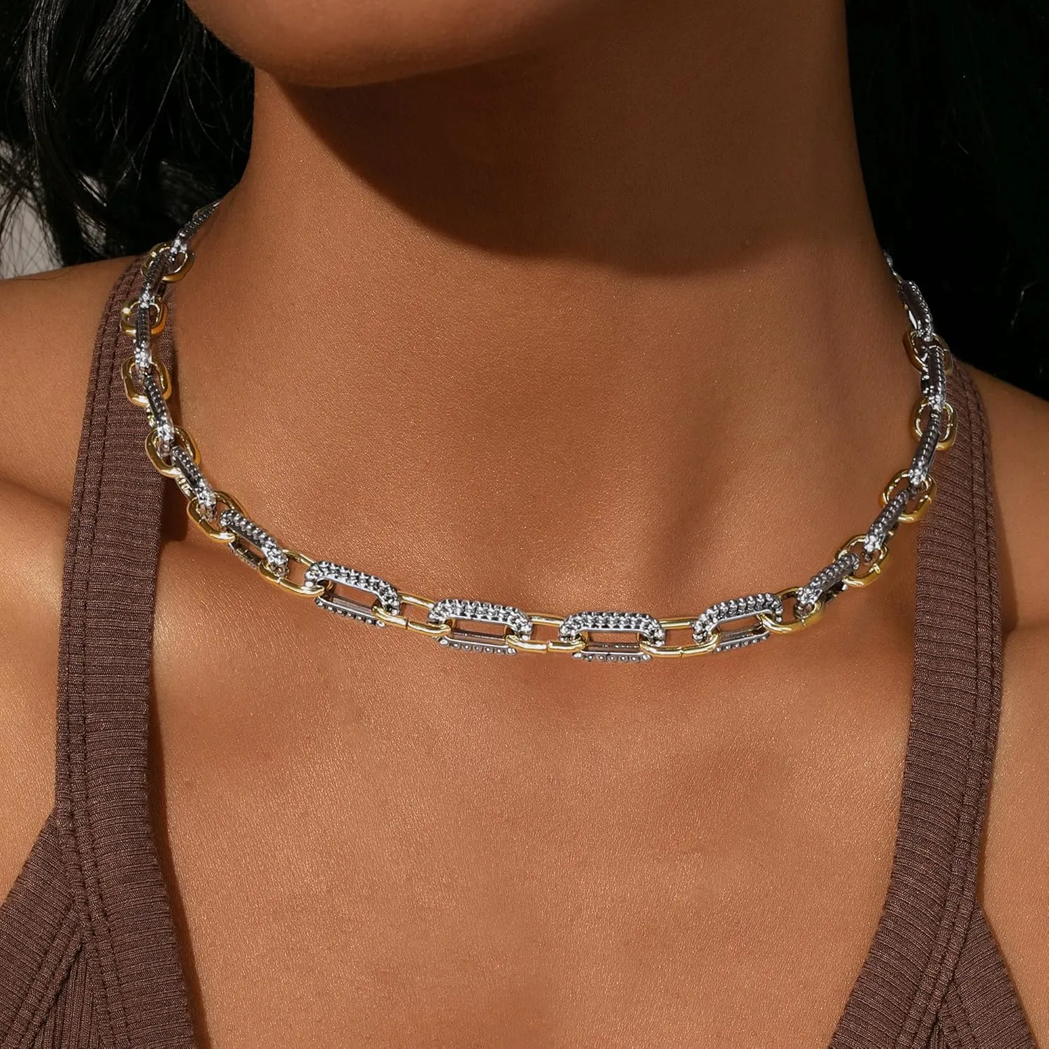 Wire Cable Necklaces for Women, Two Tone Link Chain Necklaces Circles Gold and Silver Adjustable Necklaces Classic Designer Costume Jewelry for Women Gifts