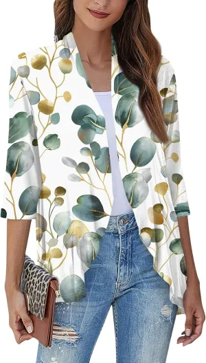Women Cardigan 3/4 Sleeves Open Front Lightweight Cardigan Draped Ruffles Knit Cardigan Loose Casual Kimono Sweater