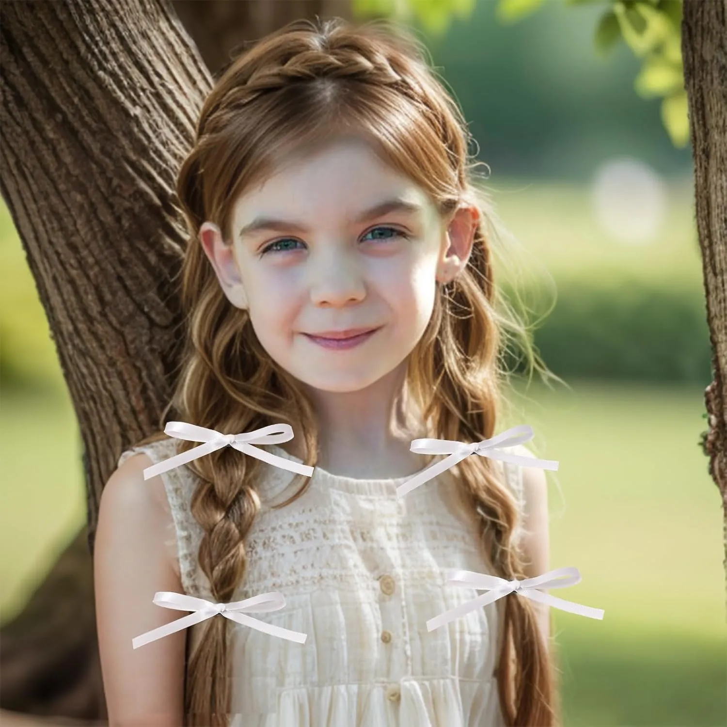 Women Hair Clips Set - Long Tail Ribbon Bow Clips, Ponytail Holders, Claw Clips for Girls in White and Pink, 10 Pieces