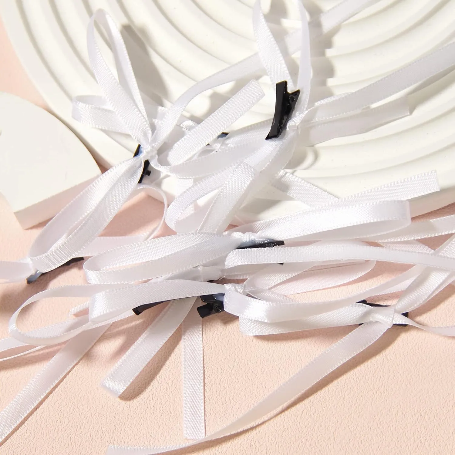 Women Hair Clips Set - Long Tail Ribbon Bow Clips, Ponytail Holders, Claw Clips for Girls in White and Pink, 10 Pieces