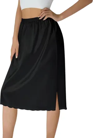 Women Half Slips Under Dress Lace Hem Elastic Waist Petticoat Underskirt Knee Length Midi Satin Skirt Side Slit Skirt