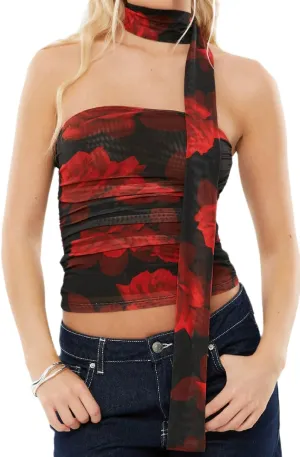 Women Leopard Tube Top Mesh Ruched Strapless Crop Top Sexy Cheetah Print Backless Bandeau Tank Top with Scarf