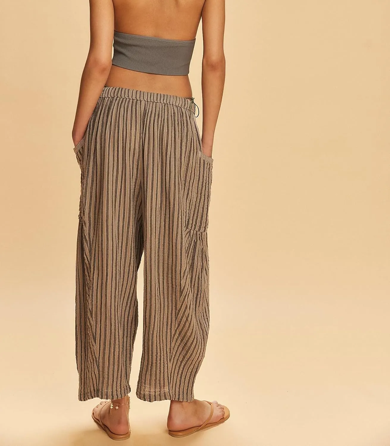 Women Summer Striped Harem Pants Casual Baggy Wide Leg Tapered Trousers Drawstring Waist Palazzo Pants with Pockets