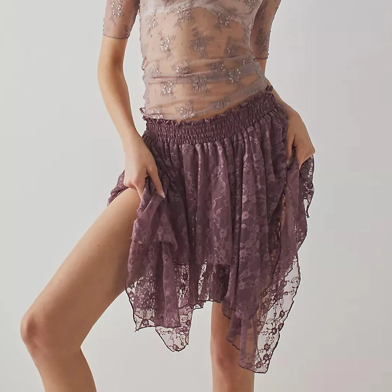 Women Y2k Lace Mini Skirt Fairy Mesh Floral Mid Low Rise Ruffle Half Slip Skirt Layered Flowy Short Skirt Streetwear