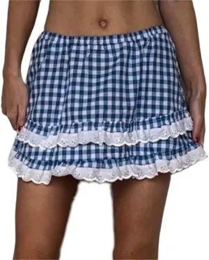 Women Y2k Plaid Ruffle Mini Skirt Flowy Layered Short Skirt Gingham A Line Skirt Cute Summer Streetwear