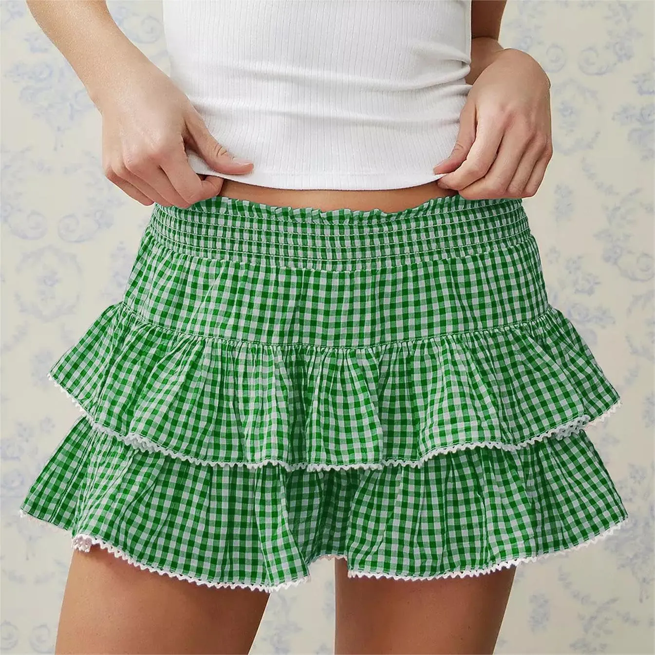 Women Y2k Plaid Ruffle Mini Skirt Flowy Layered Short Skirt Gingham A Line Skirt Cute Summer Streetwear