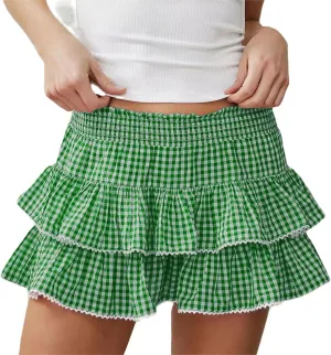 Women Y2k Plaid Ruffle Mini Skirt Flowy Layered Short Skirt Gingham A Line Skirt Cute Summer Streetwear