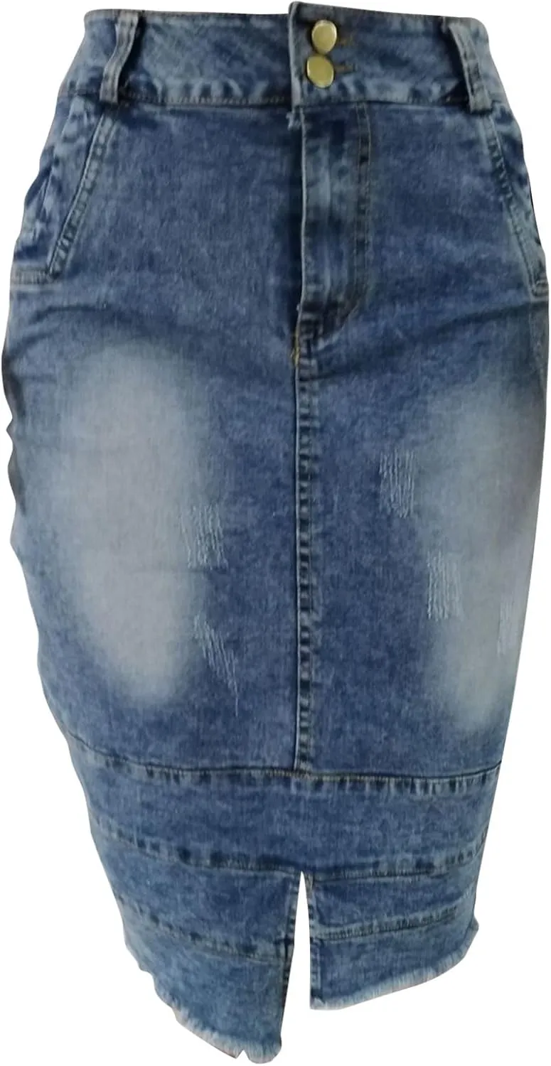 Women's Button Zipper Front Denim Skirt Vintage Frayed Hem Distressed High Waisted Casual Jean Mini Skirts with Pockets