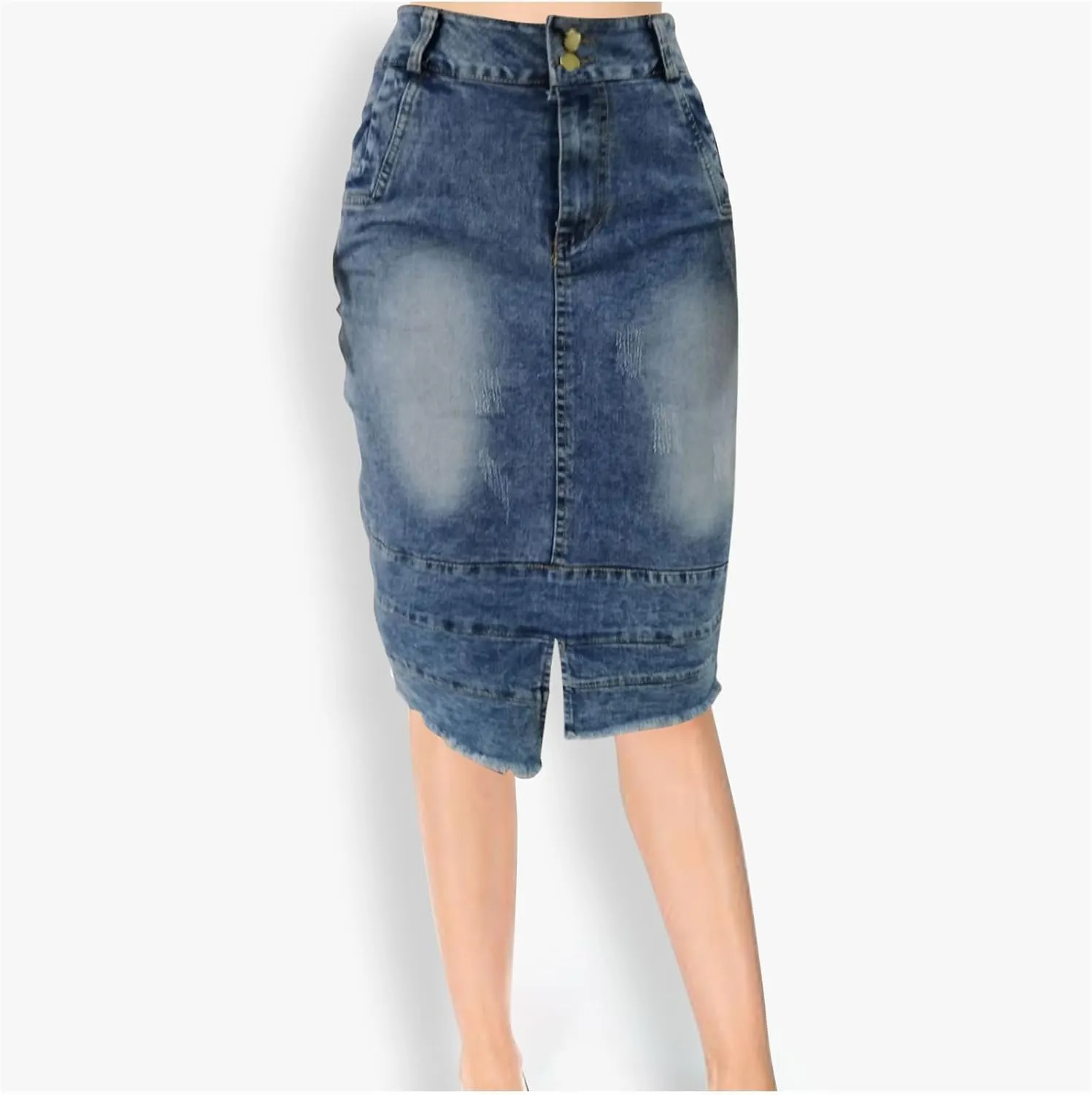 Women's Button Zipper Front Denim Skirt Vintage Frayed Hem Distressed High Waisted Casual Jean Mini Skirts with Pockets