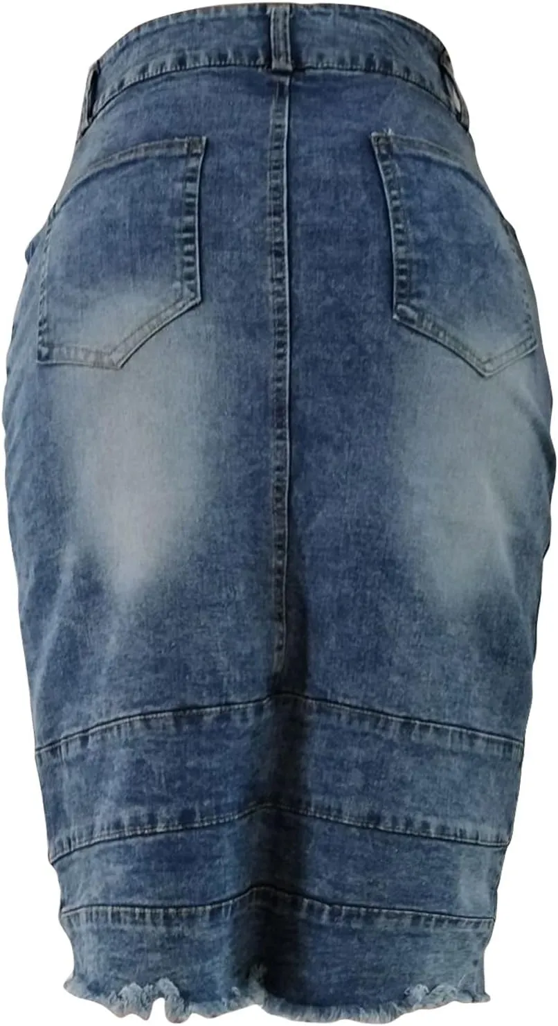 Women's Button Zipper Front Denim Skirt Vintage Frayed Hem Distressed High Waisted Casual Jean Mini Skirts with Pockets