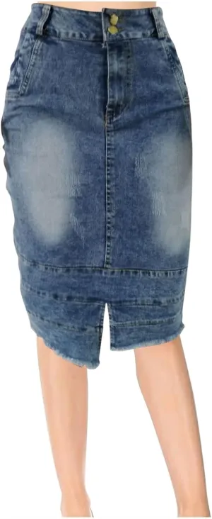 Women's Button Zipper Front Denim Skirt Vintage Frayed Hem Distressed High Waisted Casual Jean Mini Skirts with Pockets