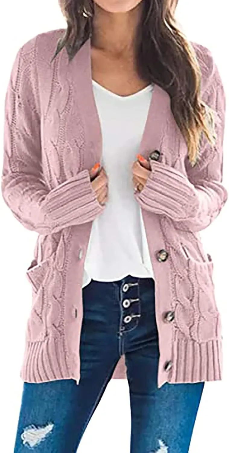 Womens Cable Knit Cotton Cardigan Sweaters Button V Neck Open Front Midi Sweater Jacket Winter Chunky Sweater Coat