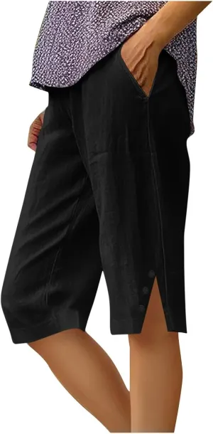 Womens Capri Pants 2025 Knee Length Cotton Linen Capris Summer Straight Leg Loose Beach Bermuda Shorts with Pockets