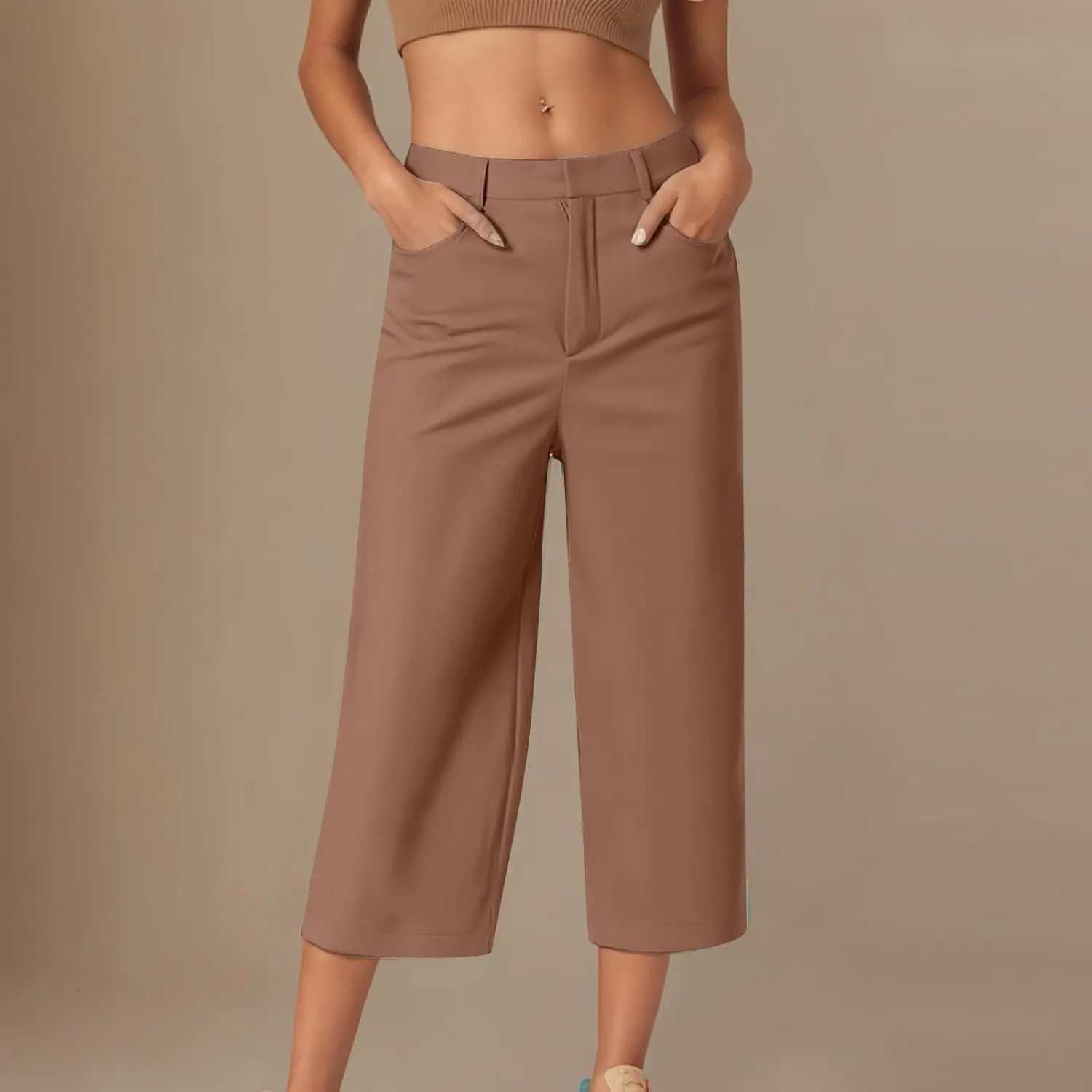 Womens Capri Pants Straight Leg Pants Business Casual Loose Capris Tailored Cropped Trousers for Work